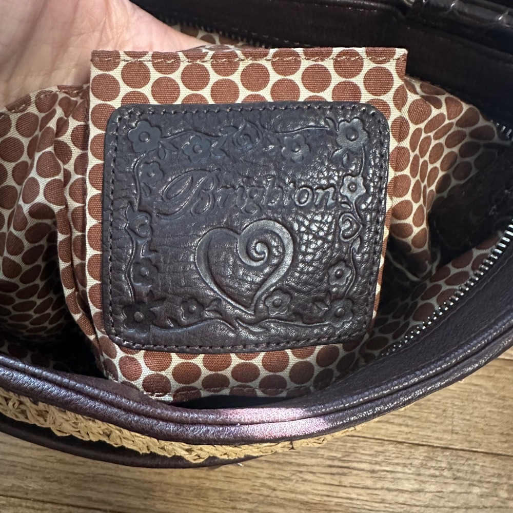 Brighton Straw Crossbody Bag Brown Faux Croc Leather Trim Heart Accents Boho Y2K - Picture 8 of 11
